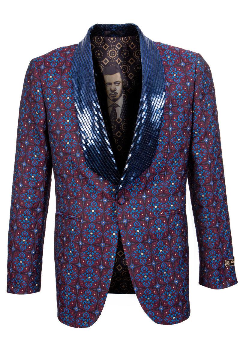 Tailors

Men's Imperial Blue & Red Sequin Lapel Tuxedo Jacket w/Morrocan Print | Empire Tailors - Elegant Mensattire