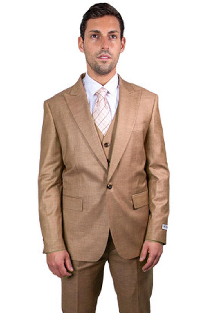 "Taupe Sharkskin Stacy Adams Men's 1-Button Suit with Peak Lapel" - Elegant Mensattire