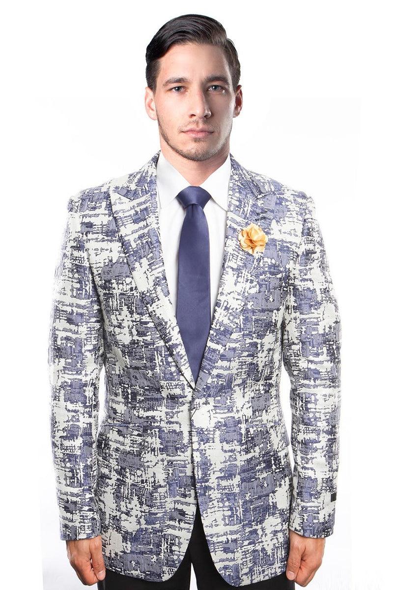 Tazio Blue Slim-Fit Blazer: 1-Button, Brush-Stroke Design - Elegant Mensattire