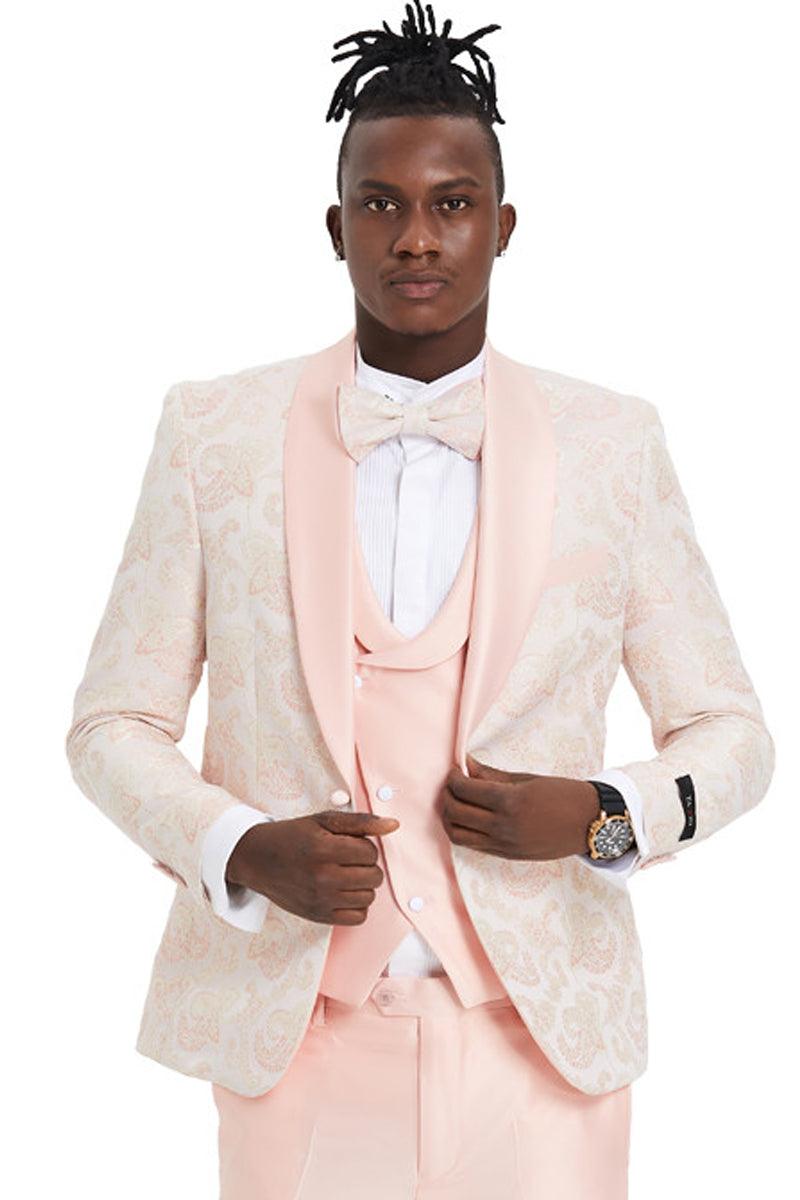 Tazio Embossed Pink Paisley Shawl Lapel Tuxedo - Men's 1-Button Prom - Elegant Mensattire