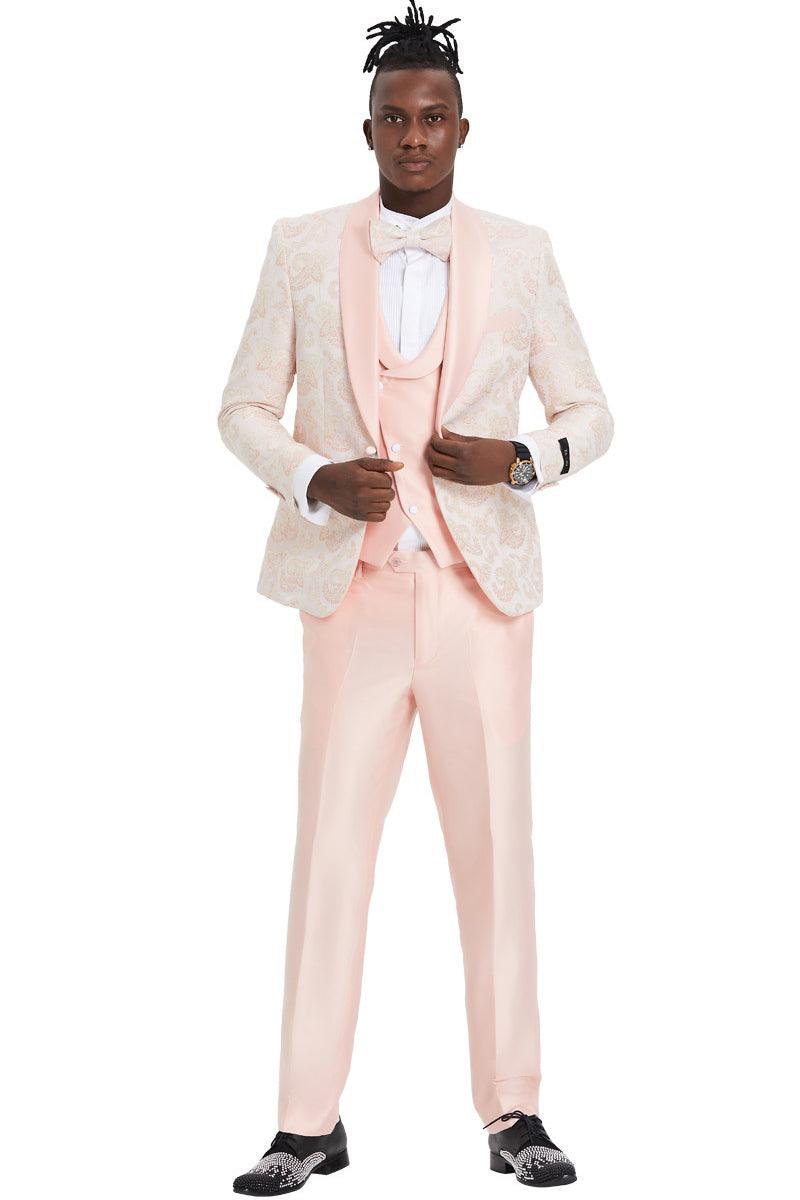 Tazio Embossed Pink Paisley Shawl Lapel Tuxedo - Men's 1-Button Prom - Elegant Mensattire