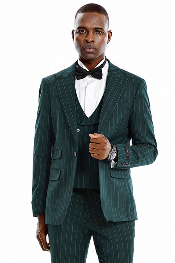 "Tazio Hunter Green Gangster Pinstripe Vested Suit: 1-Btn Wide Peak Lapel" - Elegant Mensattire