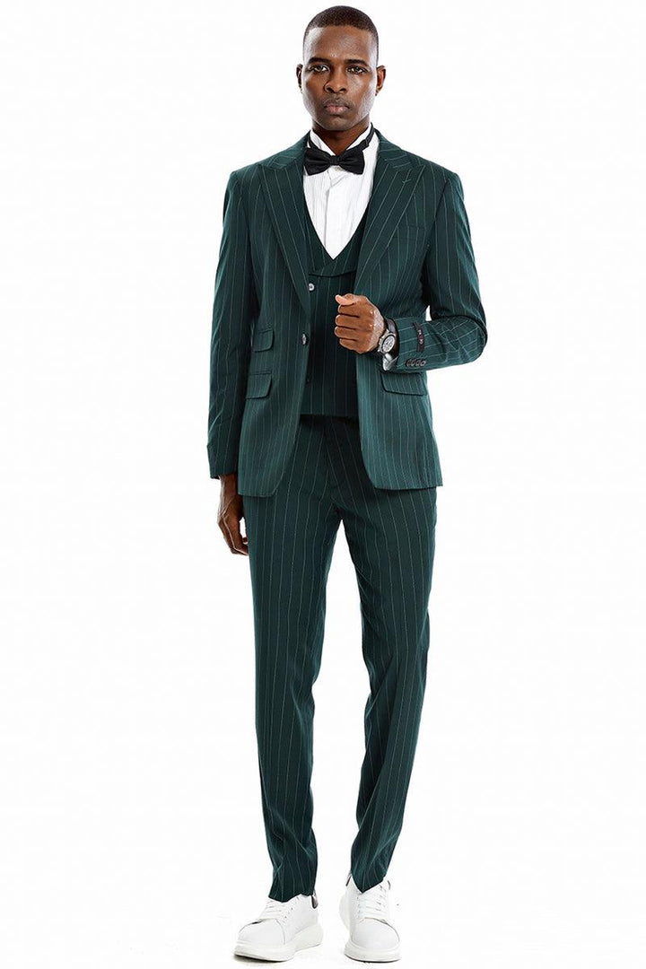 "Tazio Hunter Green Gangster Pinstripe Vested Suit: 1-Btn Wide Peak Lapel" - Elegant Mensattire