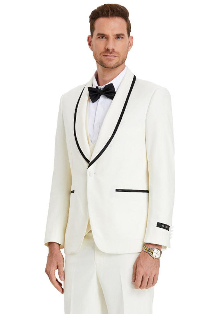 Tazio "Ivory Birdseye" 1-Button Vested Shawl Tuxedo w/Black Satin Trim - Elegant Mensattire