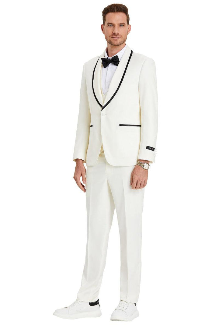 Tazio "Ivory Birdseye" 1-Button Vested Shawl Tuxedo w/Black Satin Trim - Elegant Mensattire