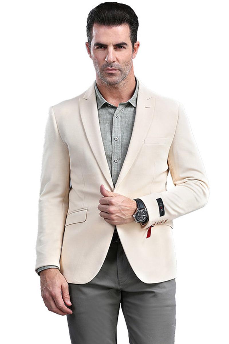 Tazio Men's 1Btn Peak Lapel Skinny Fit Tan Blazer - Elegant Mensattire