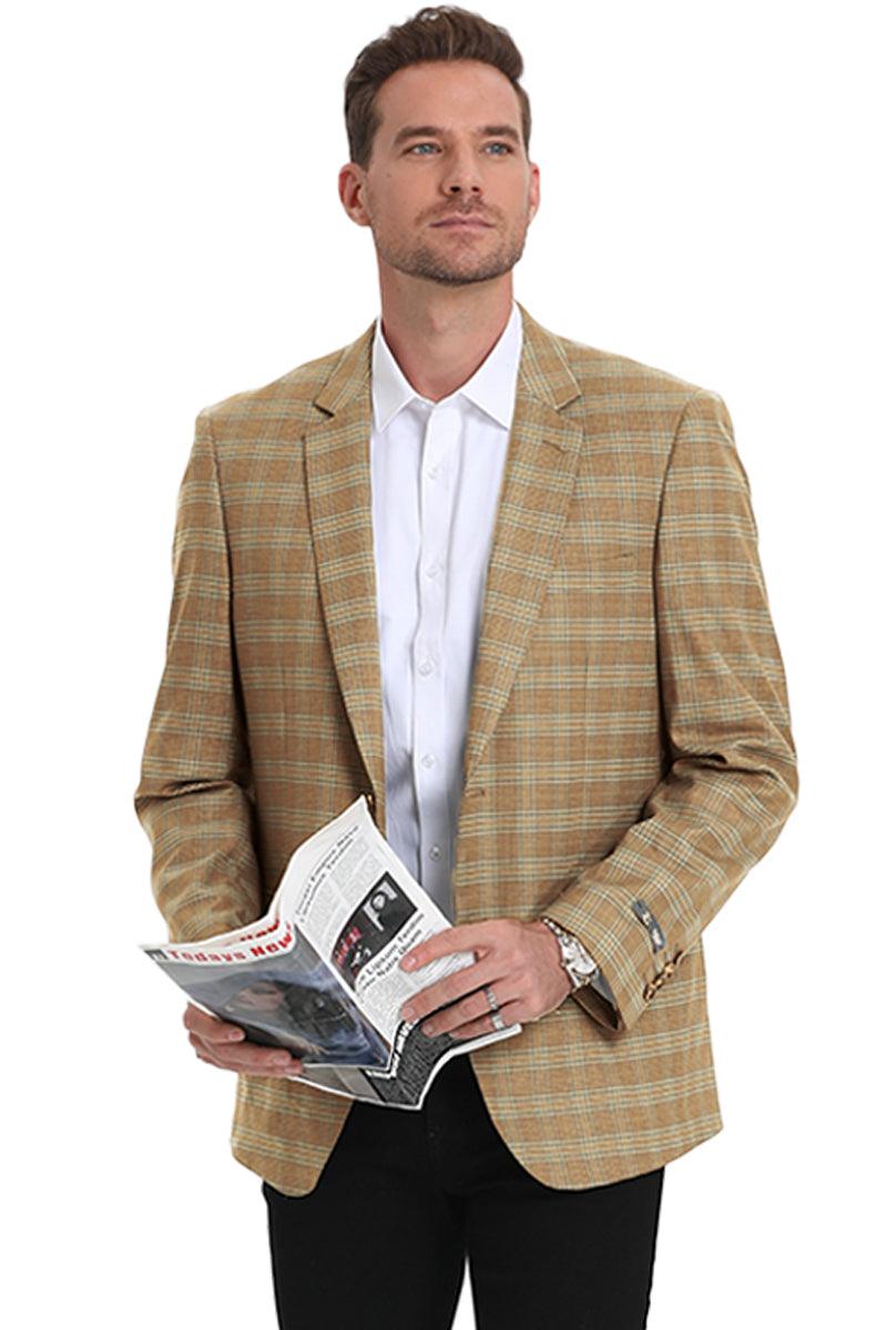 "Tazio Men's 2-Button Business-Casual Camel & Teal Double Windowpane Sport Coat" - Elegant Mensattire