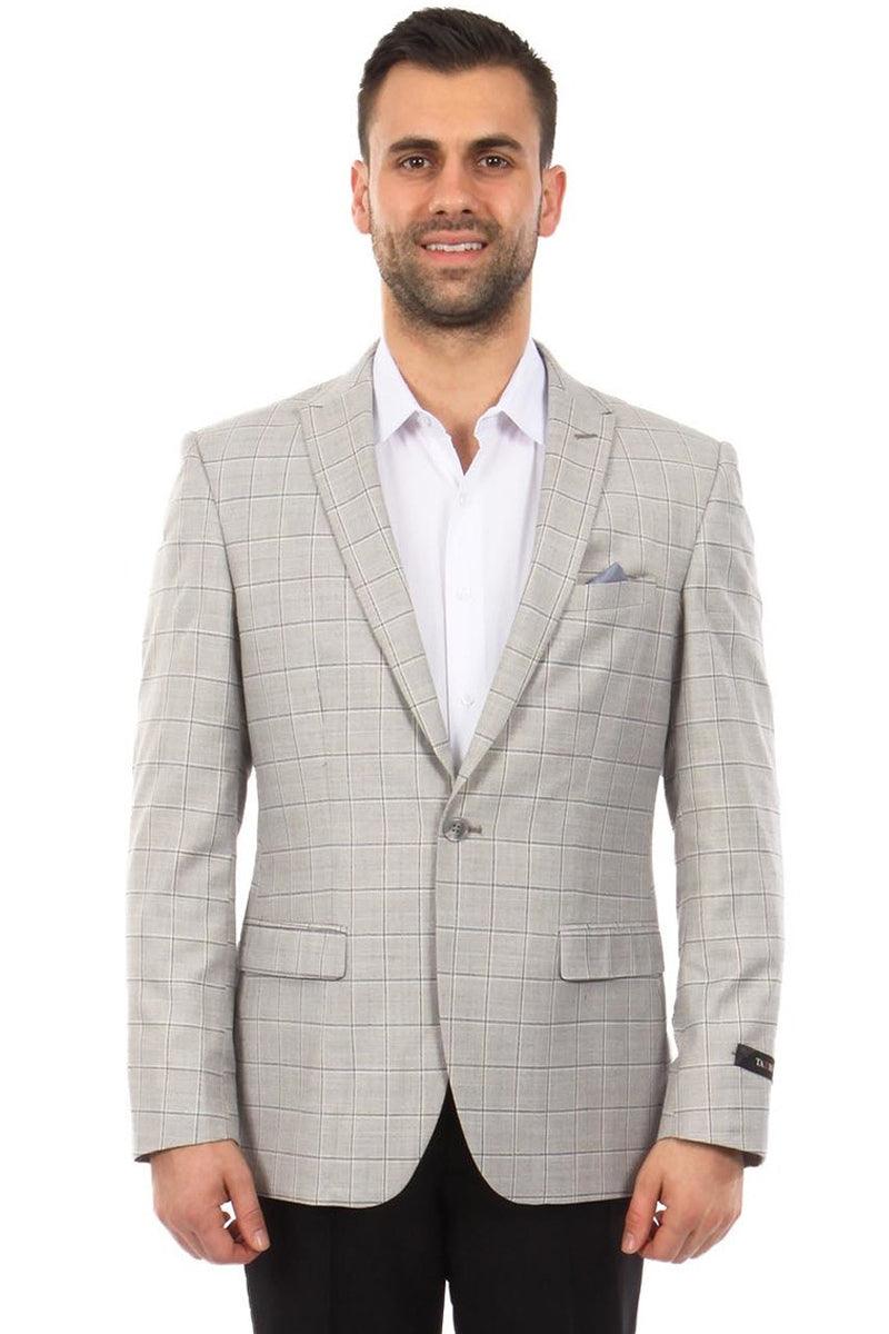 Tazio Men's 2-Button Plaid Windowpane Sport Coat in Light Grey - Elegant Mensattire