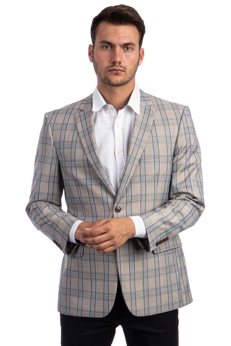 Tazio Men's 2-Button Regular Fit Windowpane Sport Coat in Tan, Blue & Gold - Elegant Mensattire