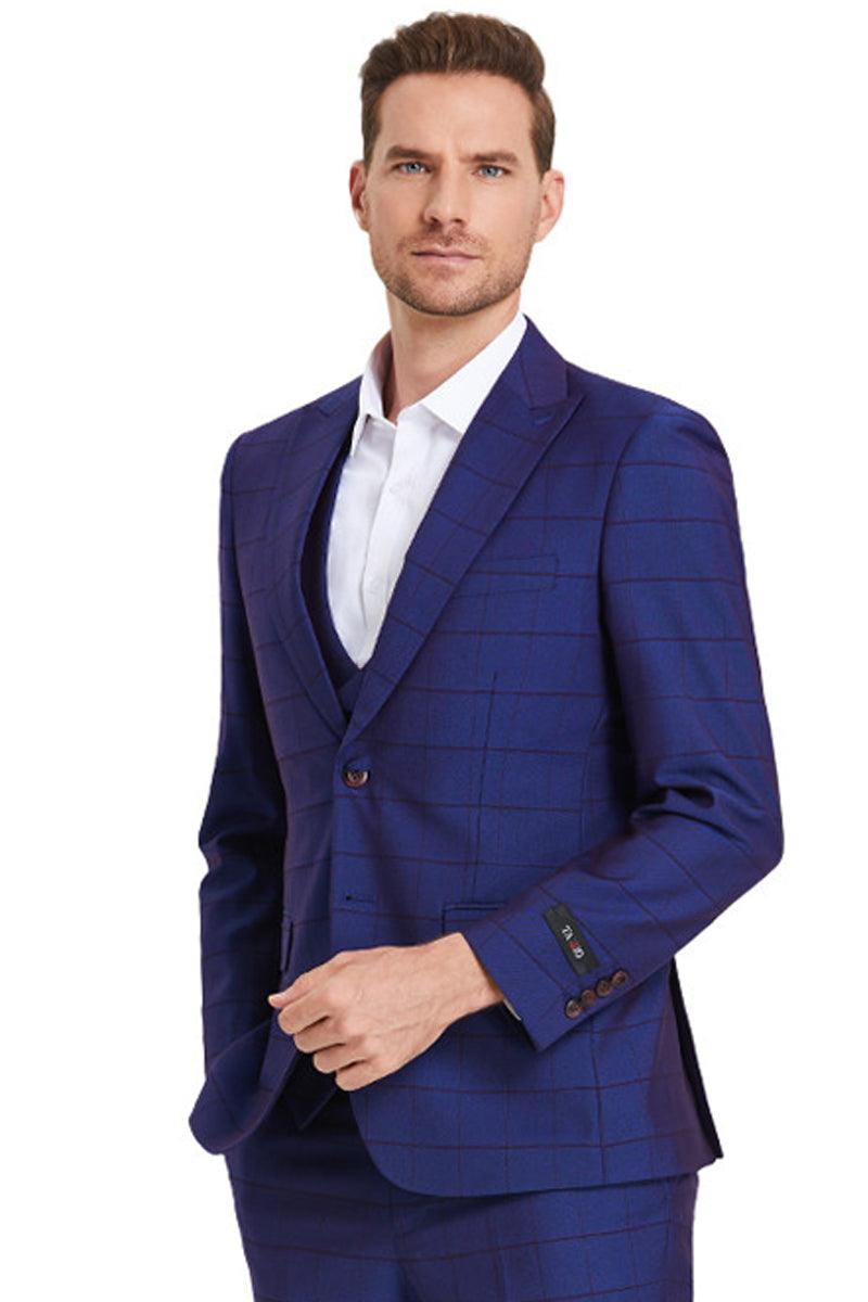 Tazio Men's 2-Button Vested Sharkskin Suit - Indigo Blue with Windowpane Plaid - Elegant Mensattire