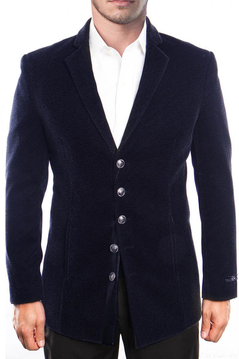 Tazio Men's 5-Button Vintage Velvet Coat in Navy - Elegant Mensattire