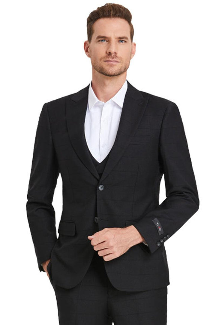 "Tazio Men's Black Peak Lapel Sharkskin Vested Windowpane Suit" - Elegant Mensattire