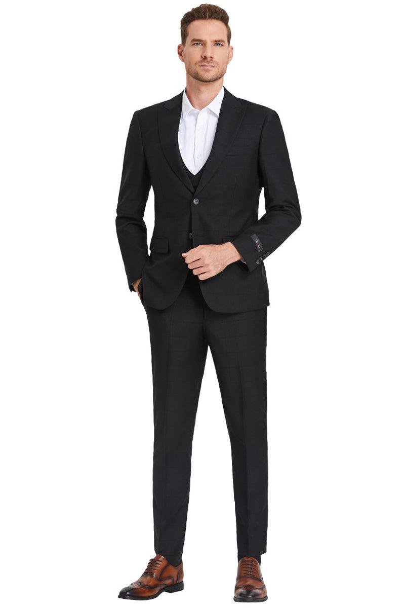 "Tazio Men's Black Peak Lapel Sharkskin Vested Windowpane Suit" - Elegant Mensattire