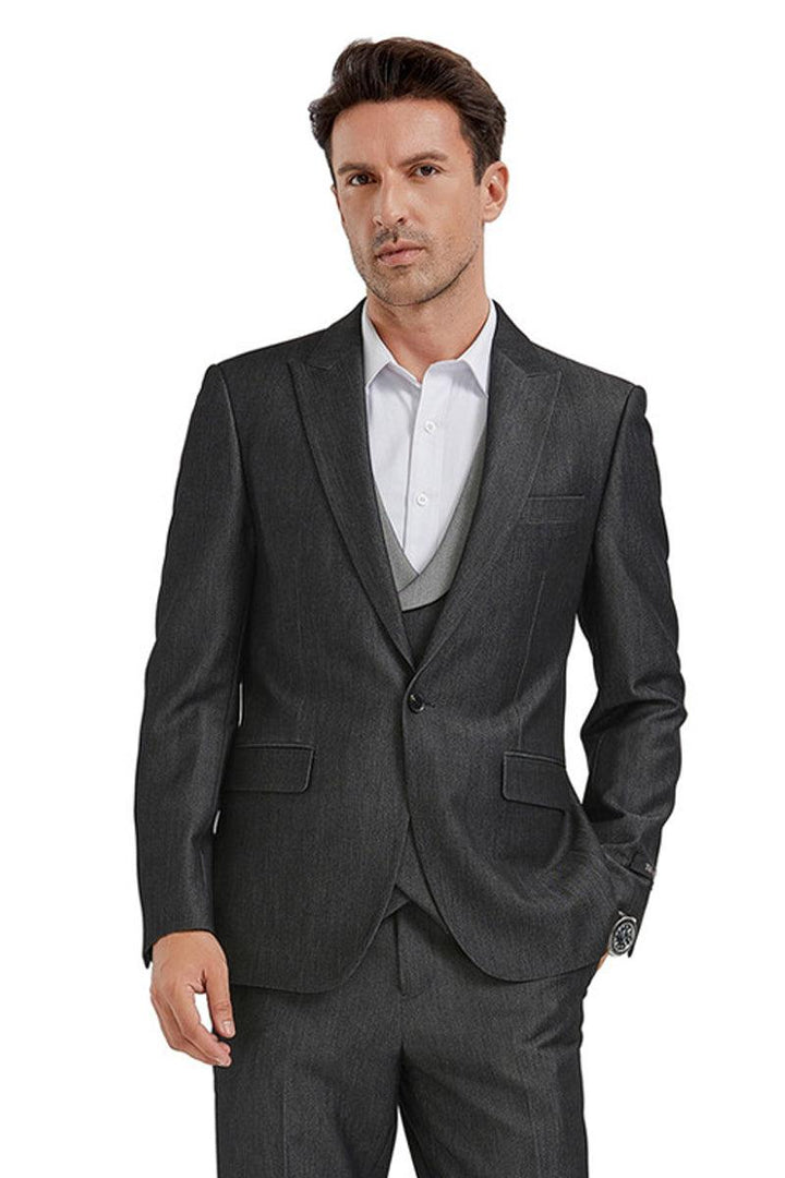 Tazio Men's Black Sharkskin One-Button Vest Suit – Classic Peak Lapel Cut. - Elegant Mensattire