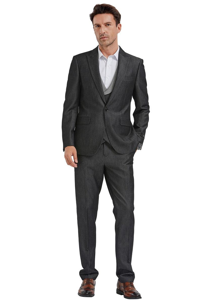 Tazio Men's Black Sharkskin One-Button Vest Suit – Classic Peak Lapel Cut. - Elegant Mensattire