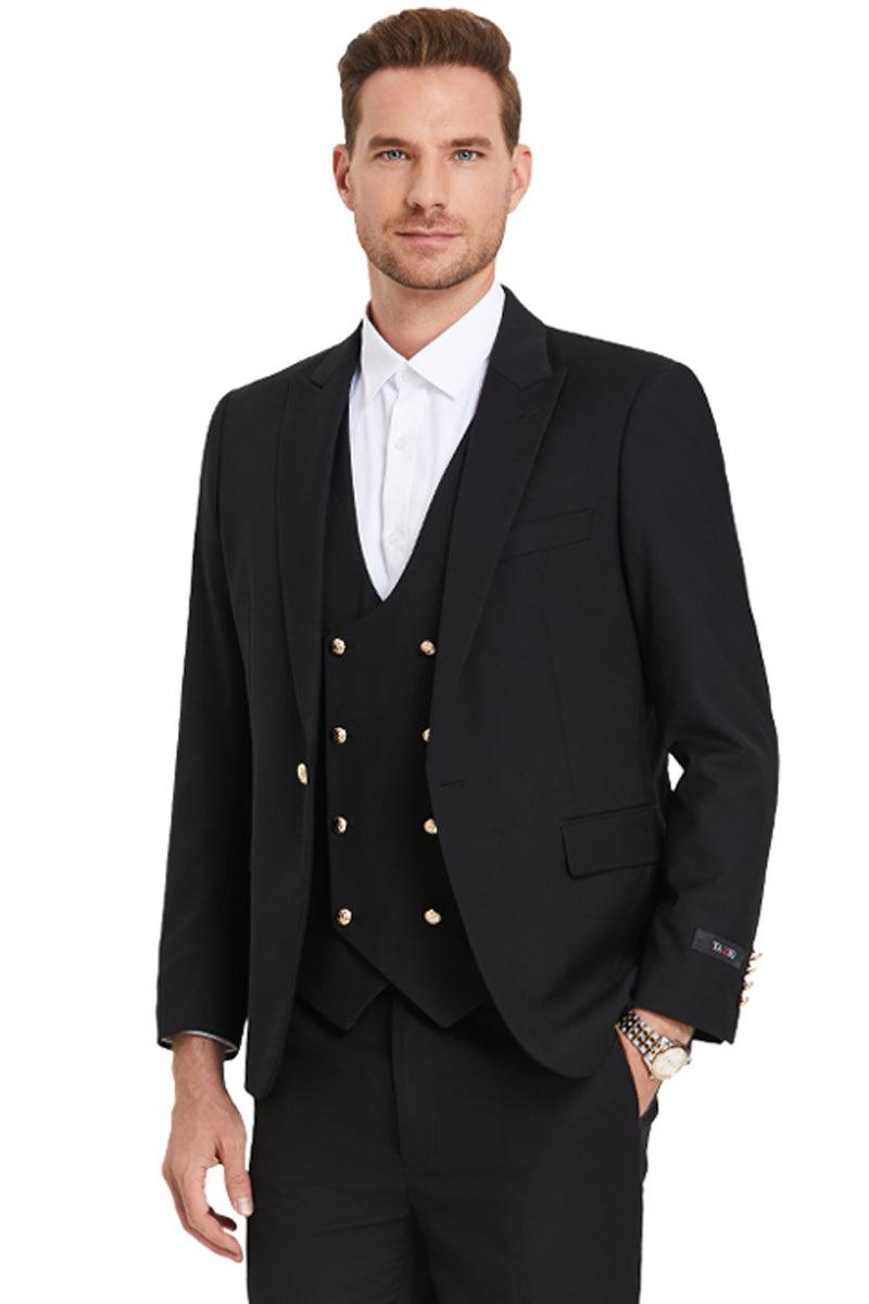 Tazio Men's Black Vested Suit w/ Gold Buttons – Peak Lapel & One Button - Elegant Mensattire