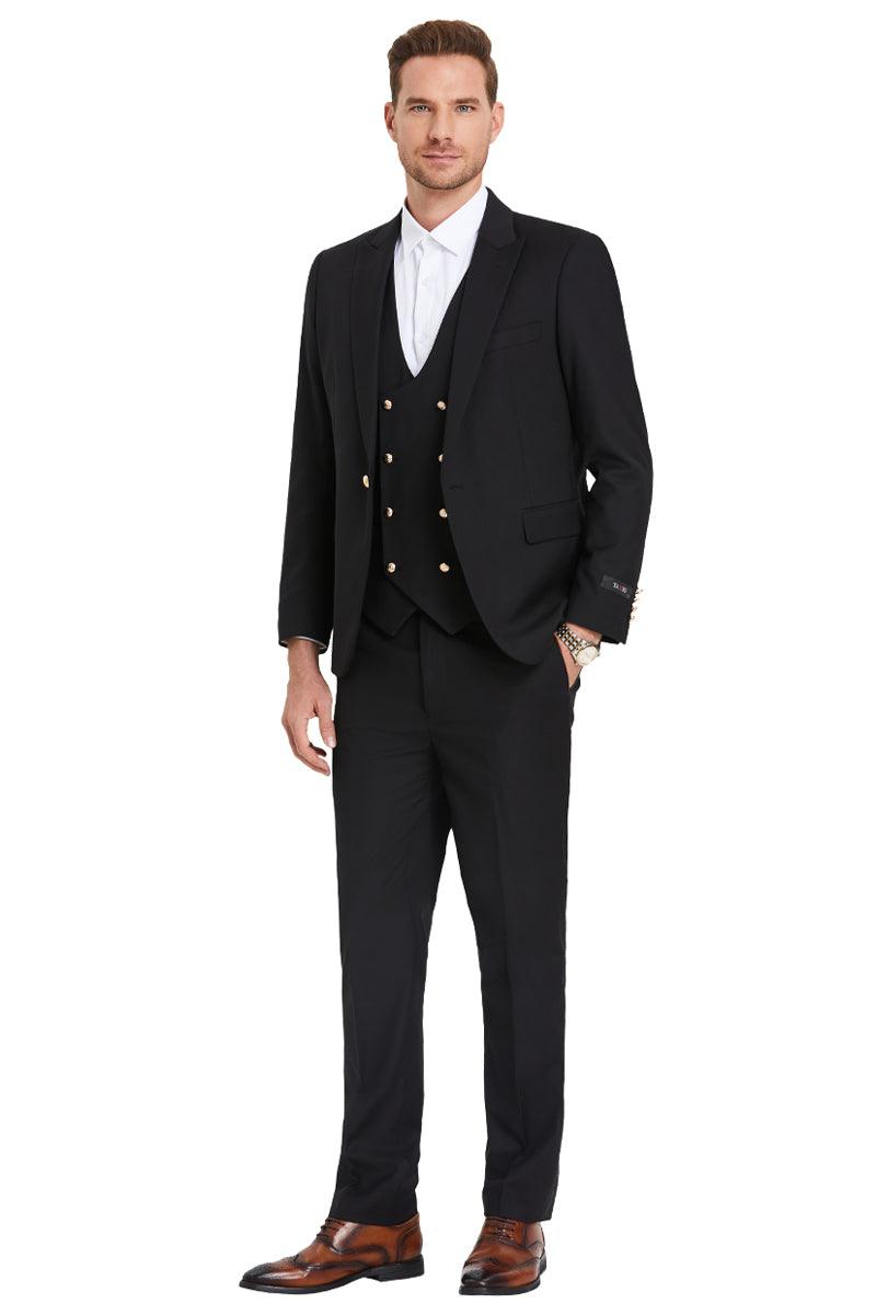 Tazio Men's Black Vested Suit w/ Gold Buttons – Peak Lapel & One Button - Elegant Mensattire