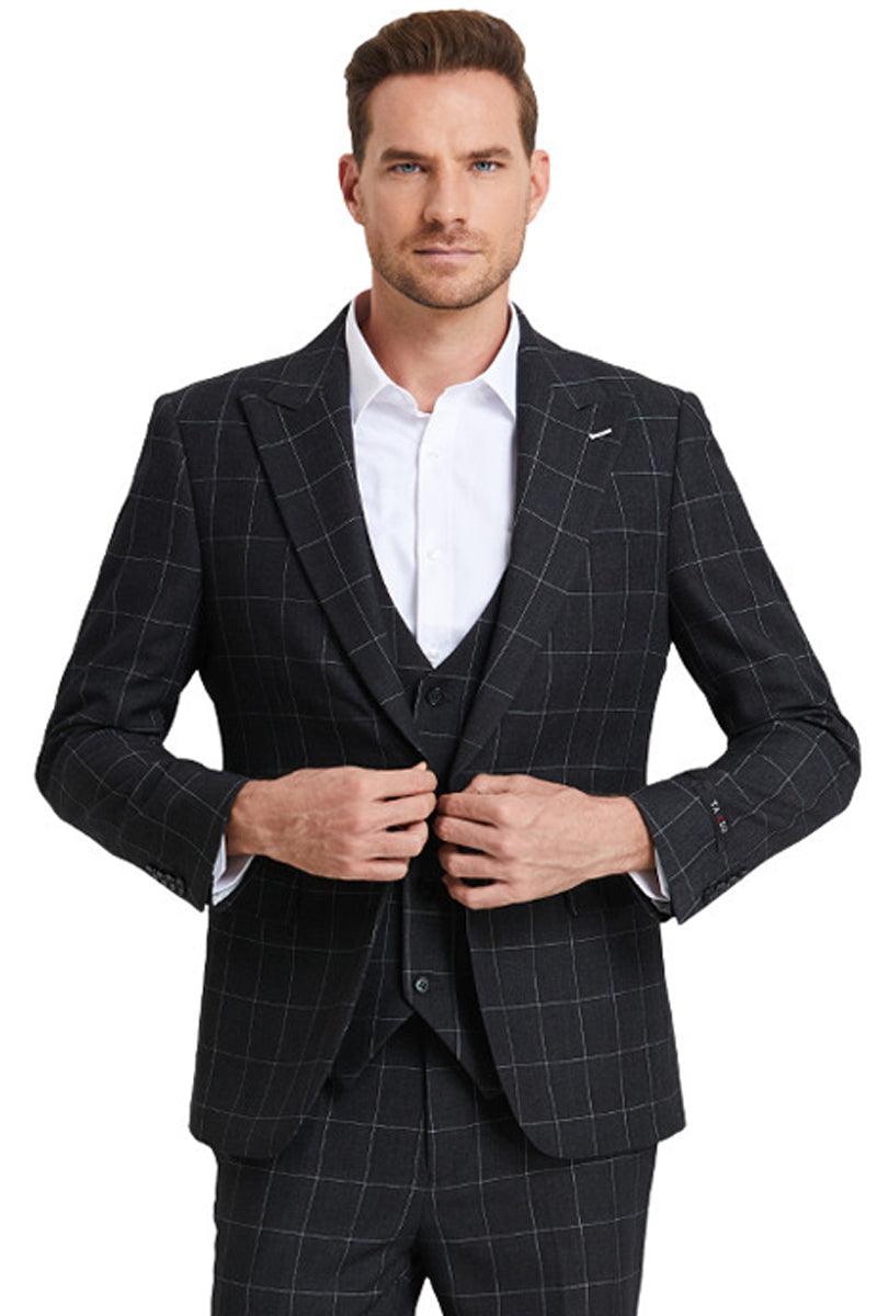 Tazio Men's Black Windowpane Plaid Suit w/ Peak Lapel & Vested One Button - Elegant Mensattire