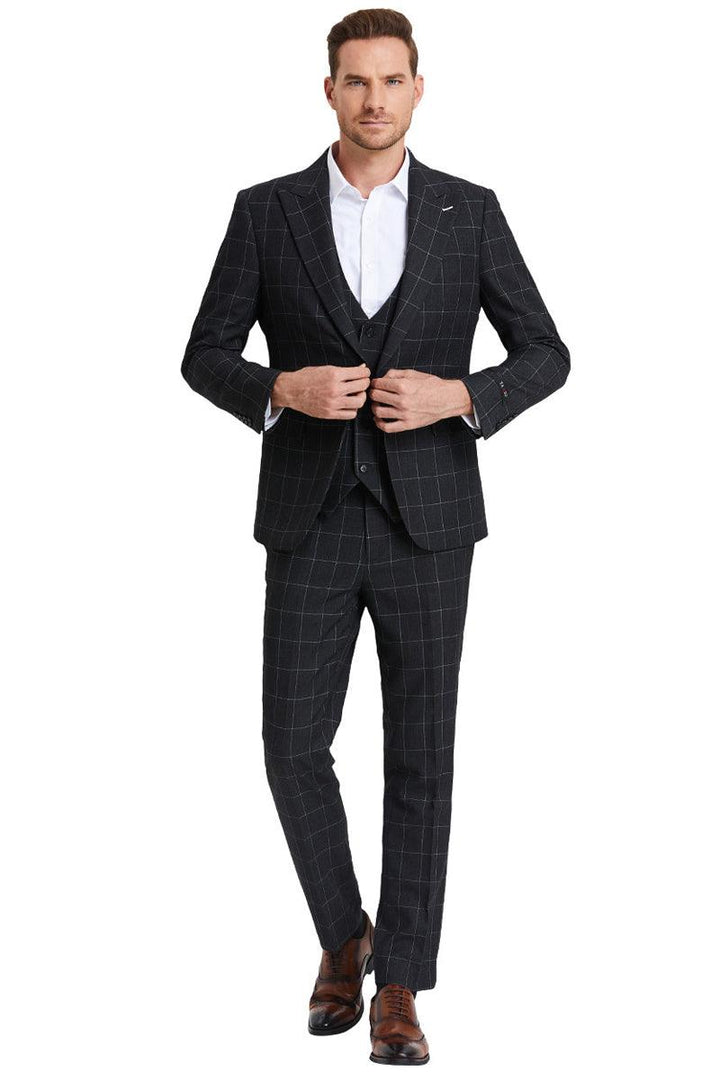 Tazio Men's Black Windowpane Plaid Suit w/ Peak Lapel & Vested One Button - Elegant Mensattire