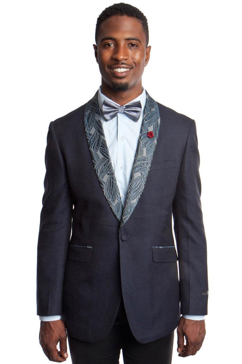 "Tazio Men's Blue Slim-Fit Dinner Jacket - Monochrome Leaf Lapel" - Elegant Mensattire