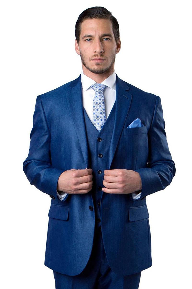 Tazio Men's Blue Textured Sharkskin Vested Business Suit | CLOSE OUT 50R - Elegant Mensattire