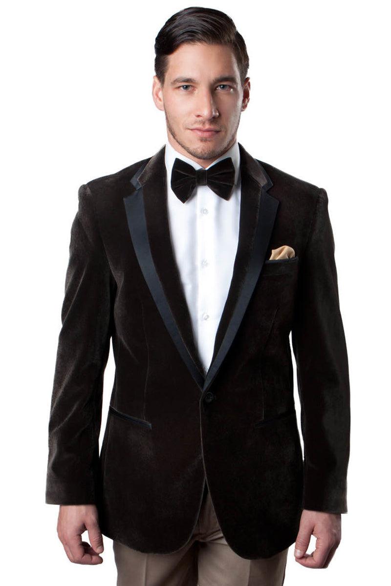 Tazio Men's Brown Velvet Tuxedo Blazer w/Black Satin Trim - Elegant Mensattire