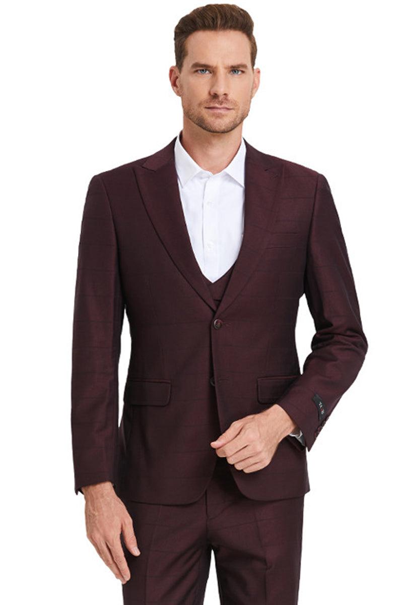 Tazio Men's Burgundy Peakskin Suit with Windowpane Plaid, 2-Button Vesting - Elegant Mensattire