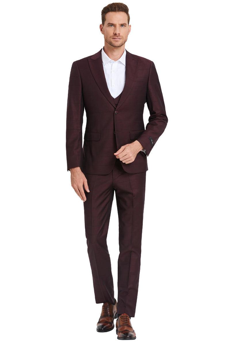 Tazio Men's Burgundy Peakskin Suit with Windowpane Plaid, 2-Button Vesting - Elegant Mensattire