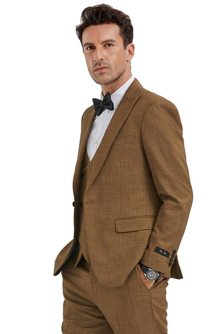 Tazio Men's Camel Sharkskin Slim Fit One-Button Suit & Double-Breasted Vest - Elegant Mensattire