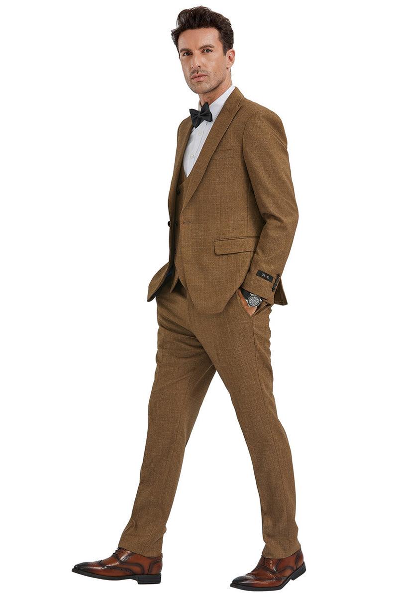 Tazio Men's Camel Sharkskin Slim Fit One-Button Suit & Double-Breasted Vest - Elegant Mensattire