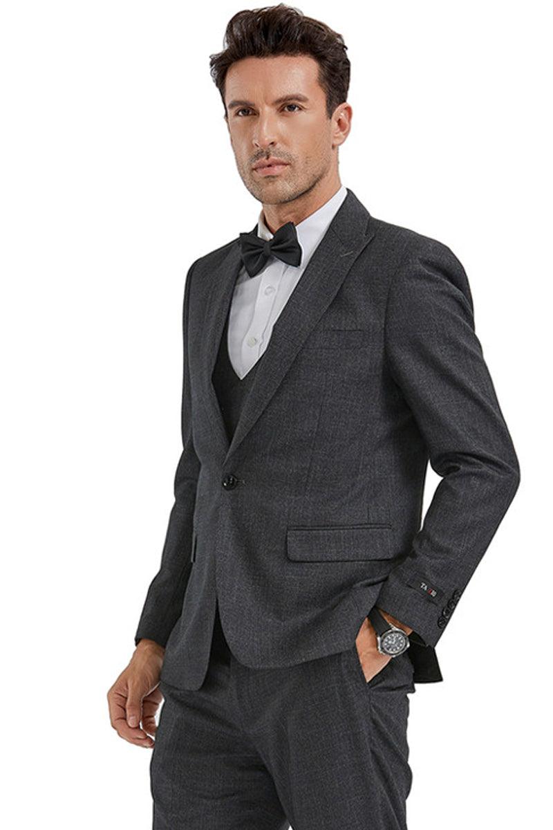 "Tazio Men's Charcoal Sharkskin Slim Suit w/Peak Lapel & Double-Breasted Vest" - Elegant Mensattire