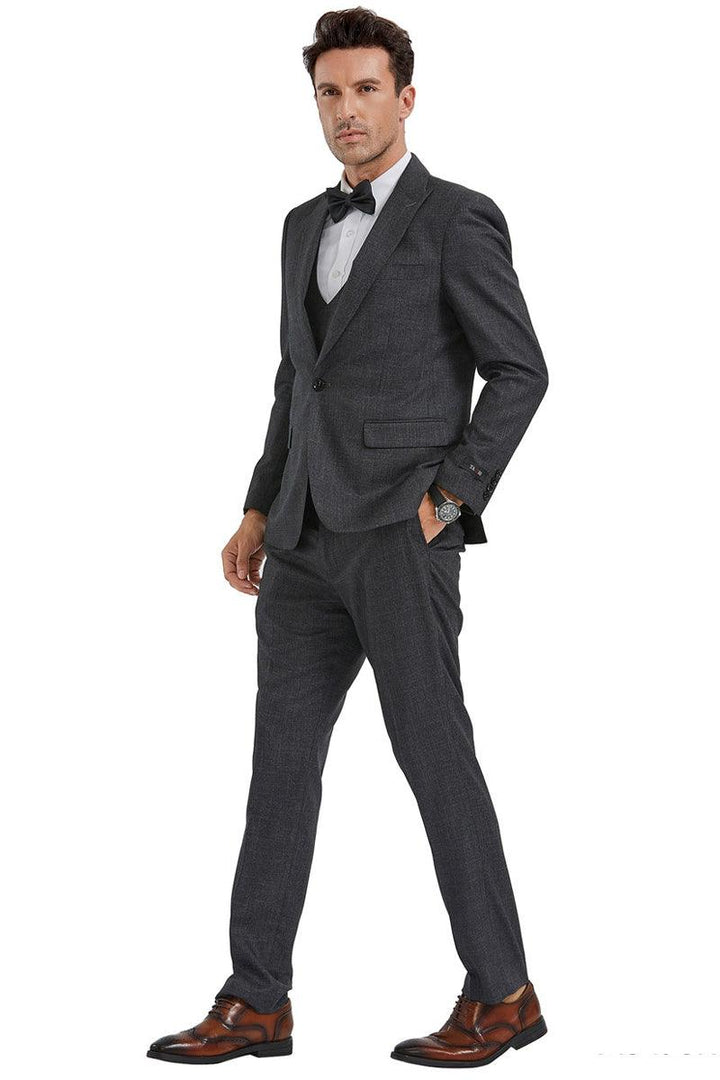 "Tazio Men's Charcoal Sharkskin Slim Suit w/Peak Lapel & Double-Breasted Vest" - Elegant Mensattire