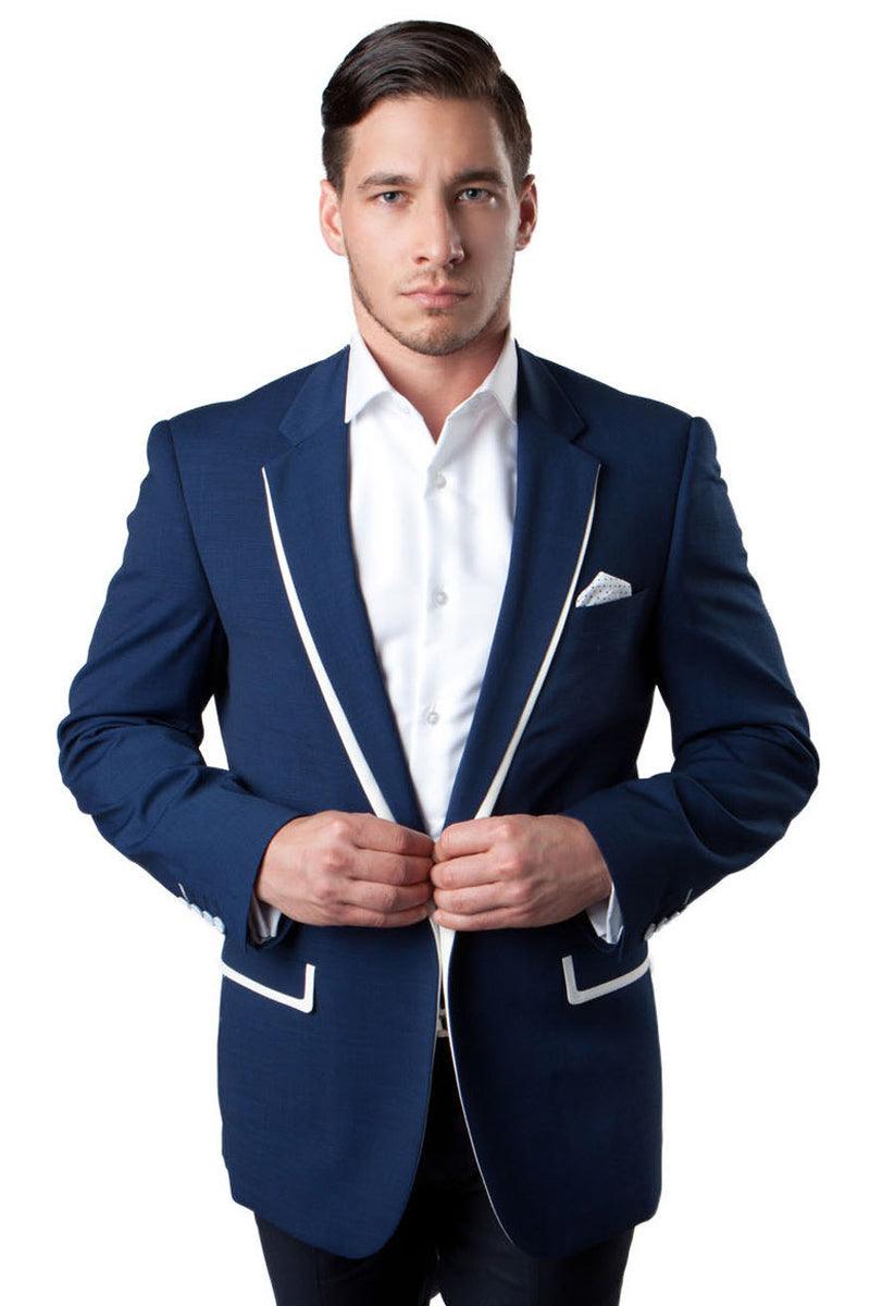 Tazio Men's Clean-Cut One-Button Dark Blue Blazer with Contrasting White Trim - Elegant Mensattire