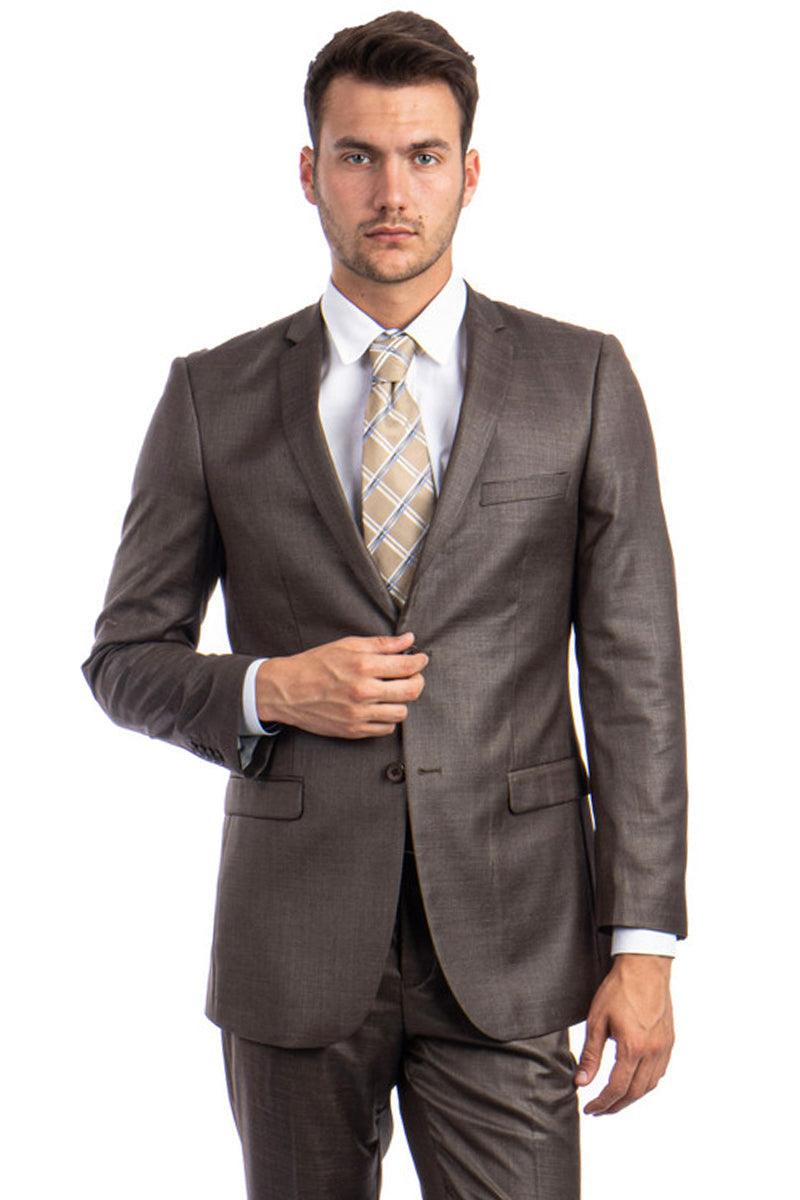 Tazio Men's Cocoa Brown Slim-Fit Sharkskin Suit | Shiny Textured Finish - Elegant Mensattire