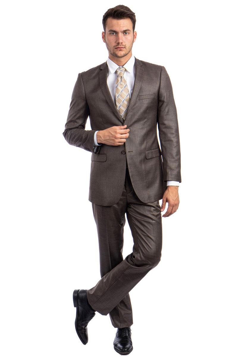 Tazio Men's Cocoa Brown Slim-Fit Sharkskin Suit | Shiny Textured Finish - Elegant Mensattire