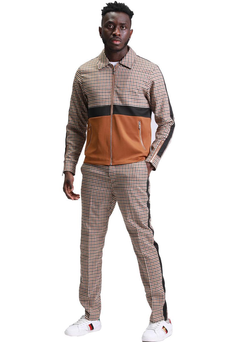 "Tazio Men's Coffee Brown Houndstooth Walking Suit Jacket & Pant Set" - Elegant Mensattire