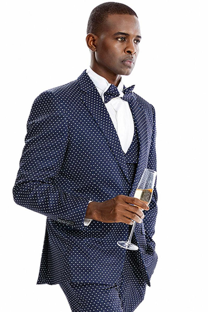 Tazio Men's Elegant 1-Button Vested Polka Dot Prom Suit in Navy Blue & White - Elegant Mensattire