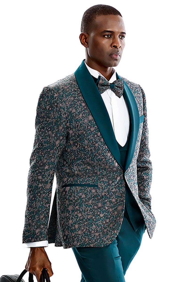 Tazio Men's Green Vested Shawl Lapel Prom Tuxedo - Vintage Splatter Print - Elegant Mensattire
