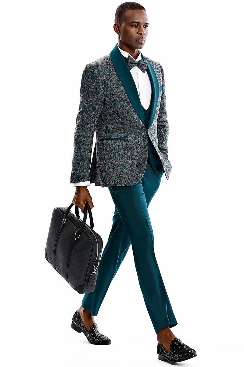 Tazio Men's Green Vested Shawl Lapel Prom Tuxedo - Vintage Splatter Print - Elegant Mensattire