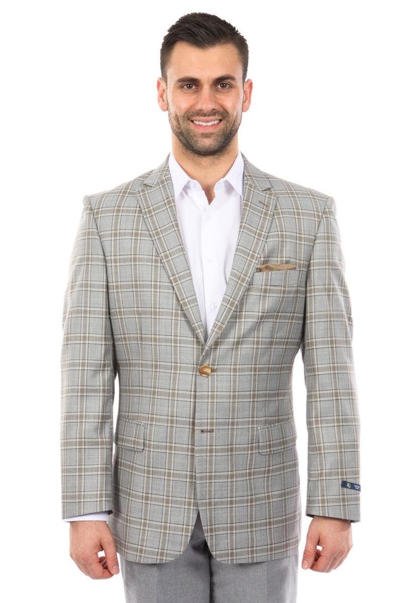 Tazio Men's Grey & Khaki Plaid Sport Coat w/ Two Button Closure - Elegant Mensattire