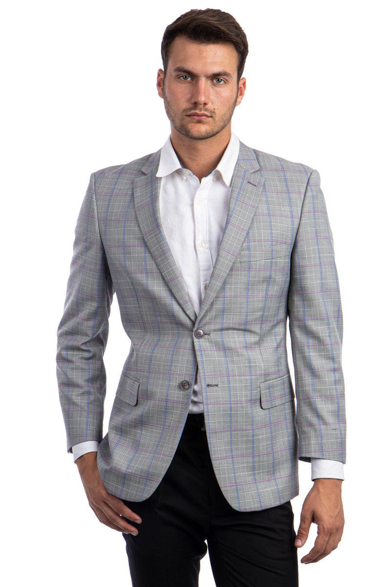 Tazio Men's Light Grey Sport Coat w/ Blue & Pink Plaid Windowpane - Regular Fit - Elegant Mensattire