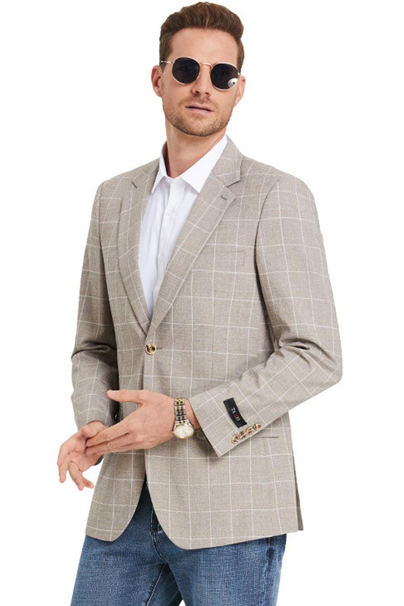 Tazio Men's Light Tan Summer Windowpane Plaid Slim Fit Suit - Elegant Mensattire