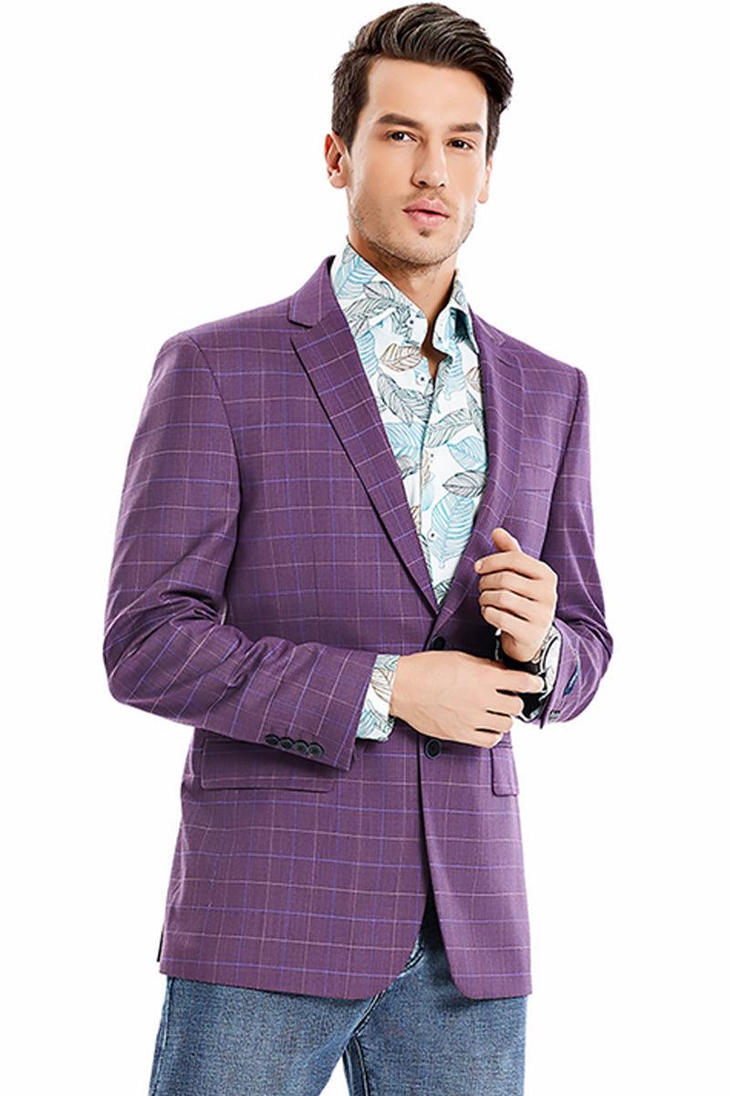 Tazio Men's Magenta Plaid Windowpane Sport Coat Blazer - Regular Fit 2-Button - Elegant Mensattire