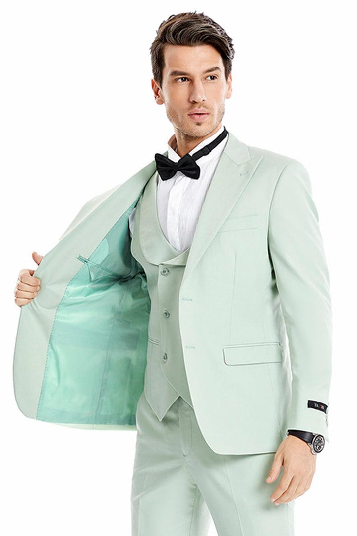 Tazio Men's Mint Green 2-Btn Vested Wedding/Prom Suit: Peak Lapel - Elegant Mensattire