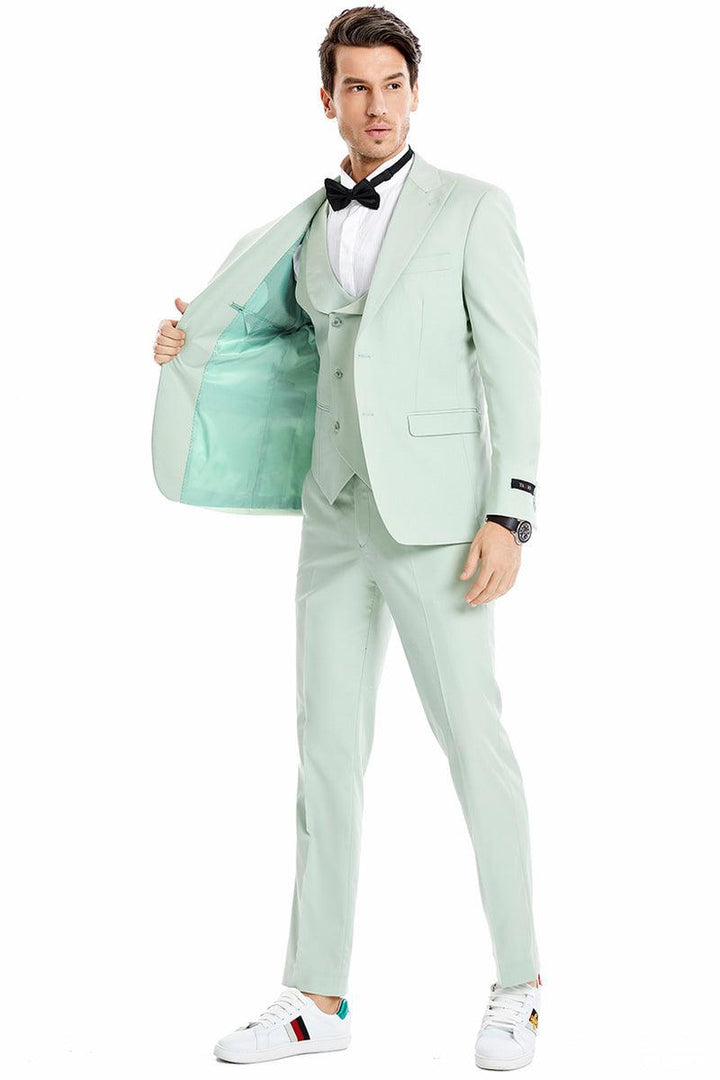 Tazio Men's Mint Green 2-Btn Vested Wedding/Prom Suit: Peak Lapel - Elegant Mensattire