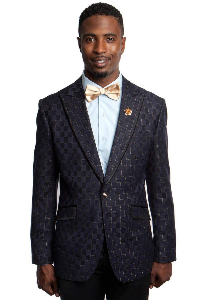 "Tazio Men's Navy & Gold Blazer: One-Button, Peak Lapel, Square Print" - Elegant Mensattire