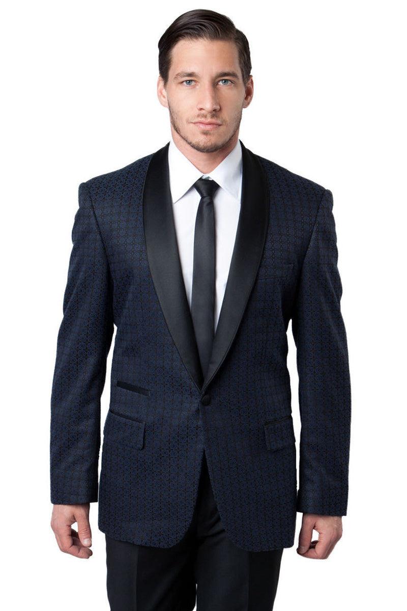 Tazio Men's Navy Blue Check Shawl Tuxedo Jacket - Elegant Mensattire