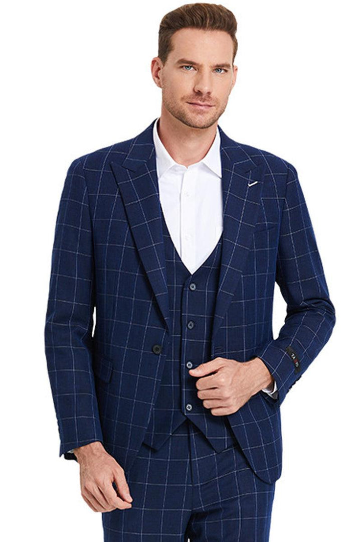 Tazio Men's Navy Blue Plaid Suit w/ One-Button Peak Lapel & Bold Chalk Windowpane - Elegant Mensattire