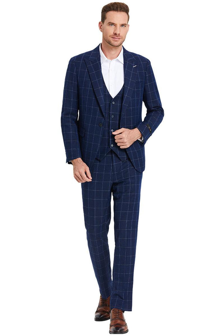 Tazio Men's Navy Blue Plaid Suit w/ One-Button Peak Lapel & Bold Chalk Windowpane - Elegant Mensattire