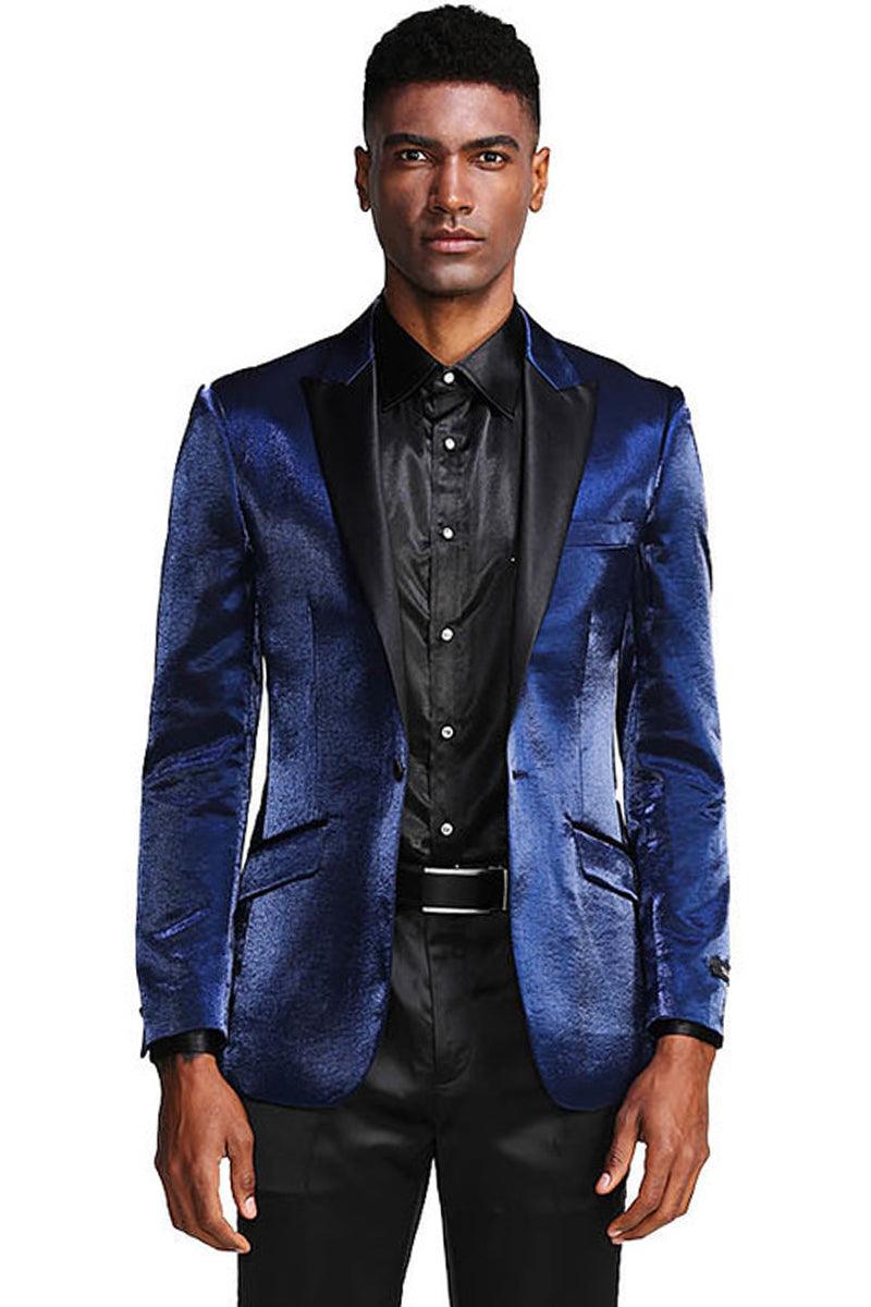 Tazio Men's Navy Blue Satin Prom Jacket - Slim Fit & Shiny for Weddings. - Elegant Mensattire